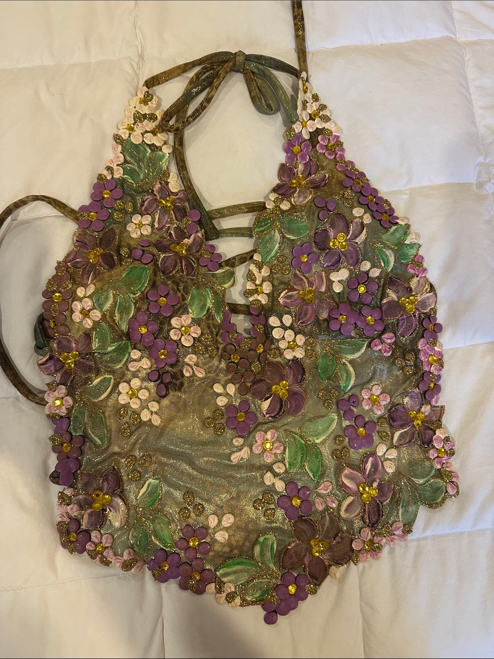Embellished Floral Halter Women’s Bag in Green & Purple